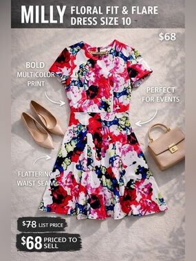 Milly Floral Fit & Flare Dress Size 10 Short Sleeve Bright Print